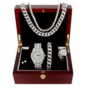 Charles Raymond Fully Iced Mens Big Rocks Bezel Color Dial with Roman Numerals, Cuban Chain Bracelet, Cuban Necklace, Tennis Chain & Ring - ST10327CRNT 11, Classic Silver SLV R#