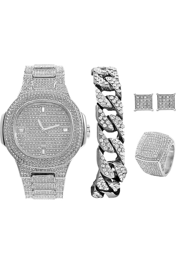 Fully Iced out Mens Big Rocks Bezel Color Dial Wristwatch, Cuban Chain Bracelet, Cuban Necklace, Tennis Chain & Ring - ST10327CRNT, 8967, Silver, Ring Size-12