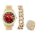 thumbnail image 1 of Charles Raymond Fully Iced Out Crystal Diamond Mens Watch w/Easy Read Date and w/Roman Numerals - Combo with Designer Hip Hop Blinged Out Bracelet and Ring- ST10226RND Gold RED, 12, 1 of 8