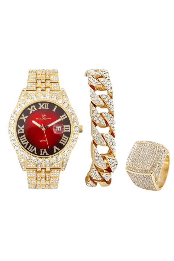 Fully Iced Out Crystal Diamond Mens Watch w/Easy Read Date and w/Roman Numerals - Combo with Designer Hip Hop Blinged Out Bracelet and Ring- ST10226RND Gold RED, 10