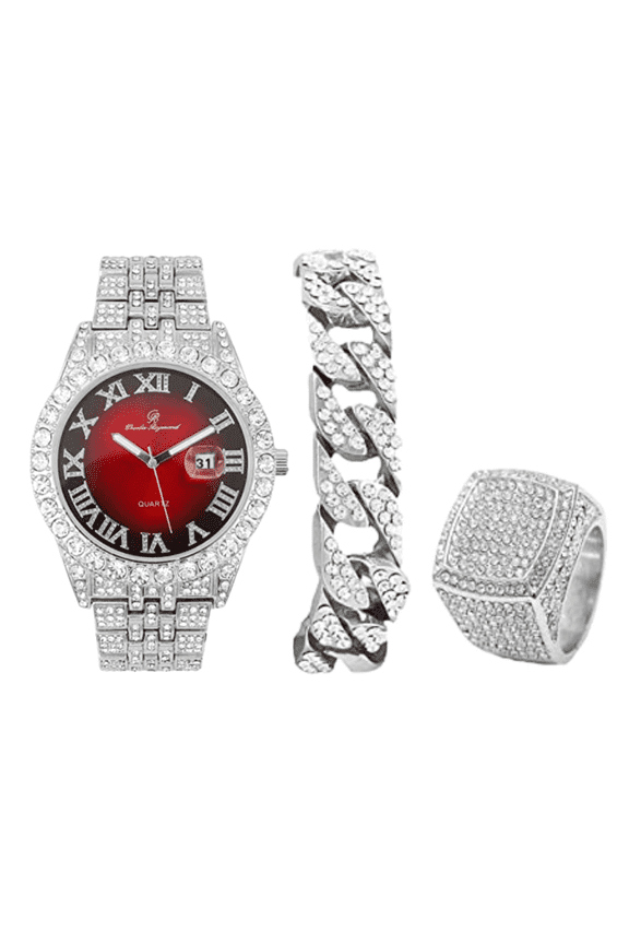 Fully Iced Out Crystal Diamond Mens Watch w/Easy Read Date and w/Roman Numerals - Combo with Designer Hip Hop Blinged Out Bracelet and Ring- ST10226RND Silver RED,9
