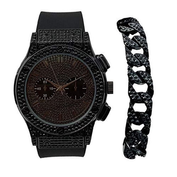 Charles Raymond Hip Hop Bang Bang All Over You Men's Watch with Black Iced Cuban Bracelet - Bling-ed Out Case and Dial with Easy Lock Smooth Black Rubber Band - ST10311BKC Cuban Set…