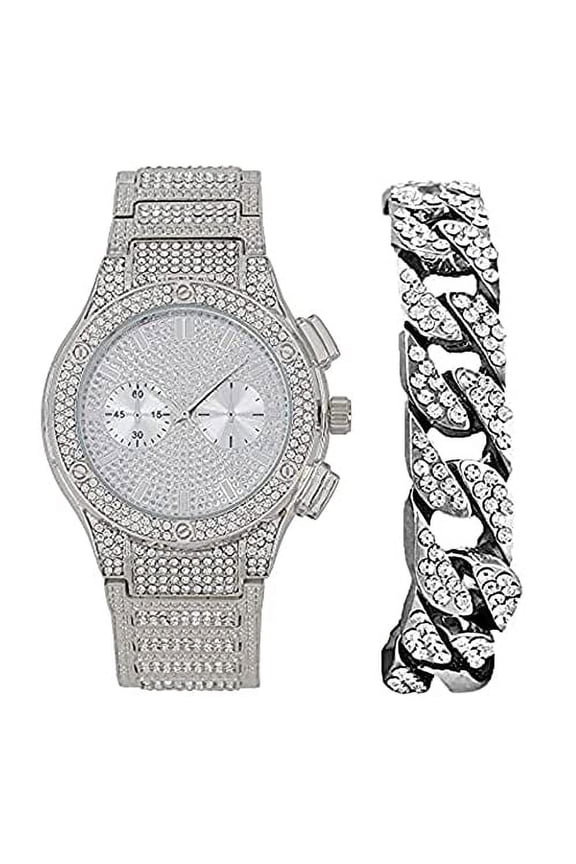 Hip Hop Bang Bang All Over You Men's Watch with Silver Iced Cuban Bracelet - Bling-ed Out Case and Dial with Smooth Black Easy Lock Rubber Band - ST10311SLC Cuban Set…