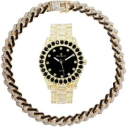 تشارلز ريمون الجليد على الانفجار! Blinged Out Hip Hop Rolly يبدو مع Ice on Watch Trim and Band مع مطابقة Zig Zag Blinged Out Necklace Sets - ZZ Necklace SetsST10327DX Gold - Black