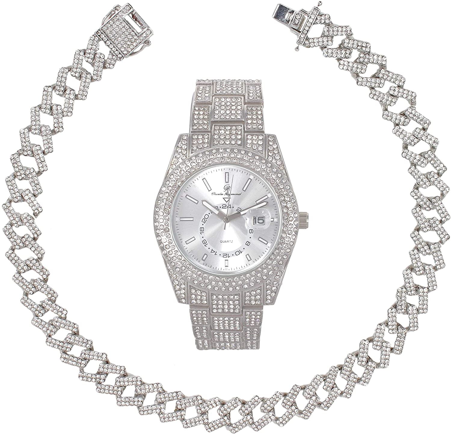 Charles Raymond Ice on Blast! Blinged Out Hip Hop Rolly Looks with Iced Out Wristwatch Trim and Band with Matching Zig Zag Bling'ed Out Necklace Sets - ZZ Necklace Sets - Silver