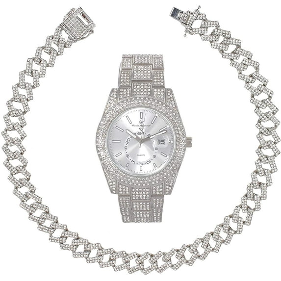 Charles Raymond Ice on Blast! Blinged Out Hip Hop Rolly Looks with Iced Out Wristwatch Trim and Band with Matching Zig Zag Bling'ed Out Necklace Sets - ZZ Necklace Sets - Silver