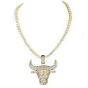 Charles Raymond Iced Out Bull Pendant on Tennis Chain for Men or Women - Blinged Out Hip Hop Jewelry on Blast! - Gold or Silver and Size Your Choice   TN001 Bull Gold 16