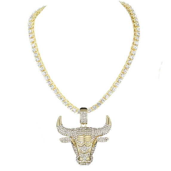 Charles Raymond Iced Out Bull Pendant on Tennis Chain for Men or Women - Bling'ed Out Hip Hop Jewelry on Blast! - Gold or Silver and Size Your Choice – TN001 Bull (Gold 16")
