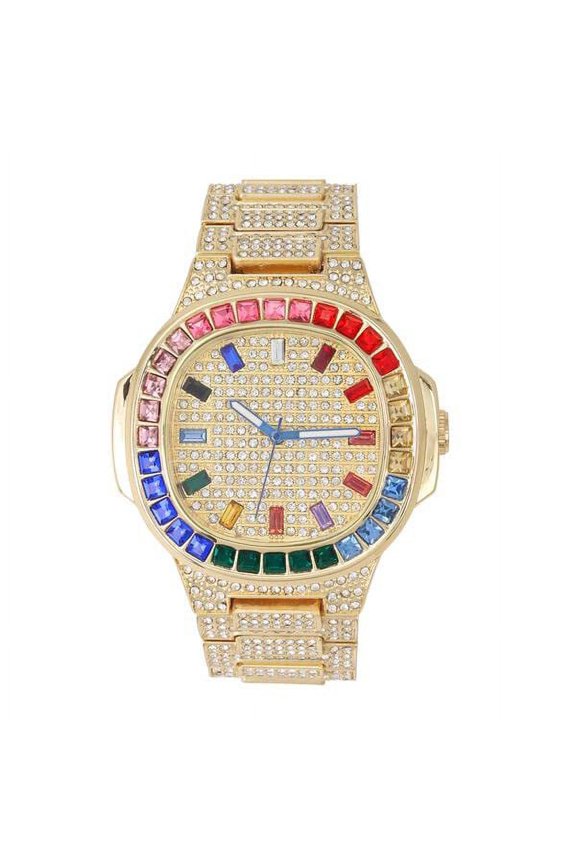 Iced Out Mens Color on Blast Watch Single or Combo Sets with Blinged Out Bracelets Set. Iced Out Colourful Rainbow Flame Collection (ST10376 Gold)