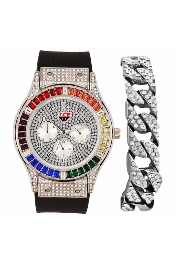 Iced Out Mens Color on Blast Watch Single or Combo Sets with Blinged Out Bracelets Set. Iced Out Colourful Rainbow Flame Collection (ST10380-C SLV)