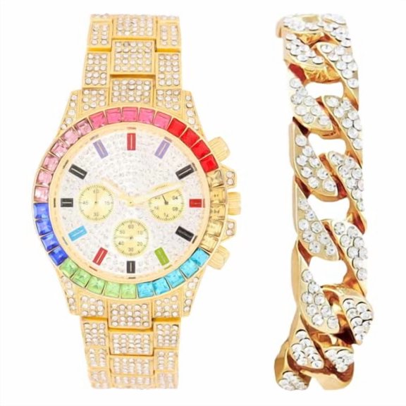 Charles Raymond Iced Out Mens Color on Blast Watch Single or Combo Sets with Blinged Out Bracelets Set. Iced Out Colourful Rainbow Flame Collection (ST10401-C GLD)