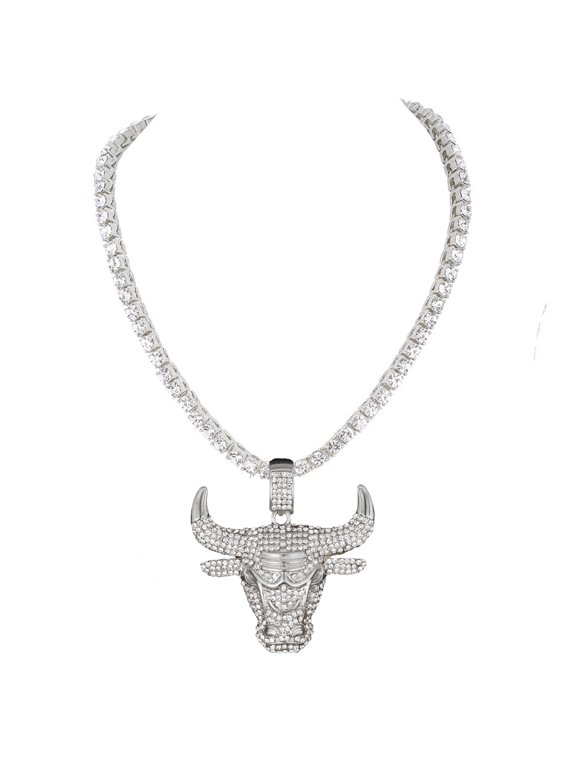Iced Out Bull Pendant on Tennis Chain for Men or Women - Bling'ed Out Hip Hop Jewelry on Blast! - Gold or Silver and Size Your Choice – TN001 Bull (Silver 16")