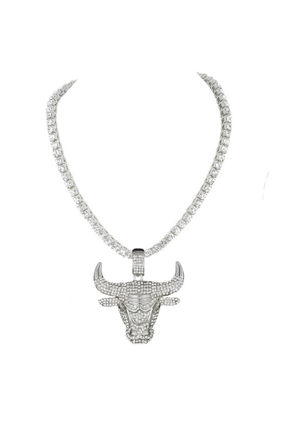 Iced Out Bull Pendant on Tennis Chain for Men or Women - Bling'ed Out Hip Hop Jewelry on Blast! - Gold or Silver and Size Your Choice – TN001 Bull (Silver 18")