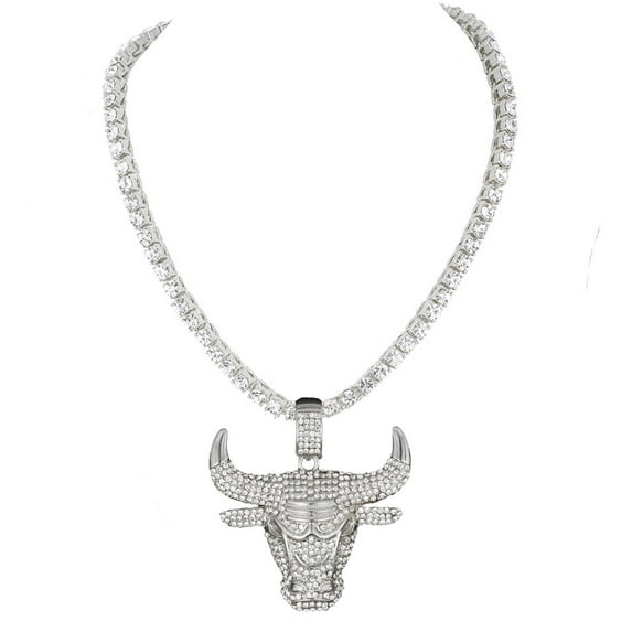 Charles Raymond Iced Out Bull Pendant on Tennis Chain for Men or Women - Bling'ed Out Hip Hop Jewelry on Blast! - Gold or Silver and Size Your Choice – TN001 Bull (Silver 20")