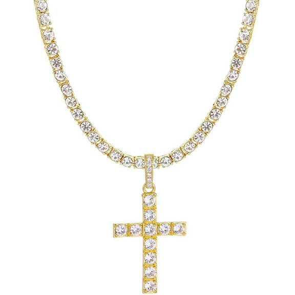 Charles Raymond Iced Out Cross Pendant on Tennis Chain for Men or Women - Bling'ed Out Hip Hop Jewelry on Blast! - Gold or Silver and Size Your Choice - TN001 Cross (16" Gold)