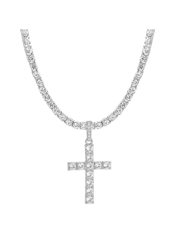 Iced Out Cross Pendant on Tennis Chain for Men or Women - Bling'ed Out Hip Hop Jewelry on Blast! - Gold or Silver and Size Your Choice - TN001 Cross (20" Silver)