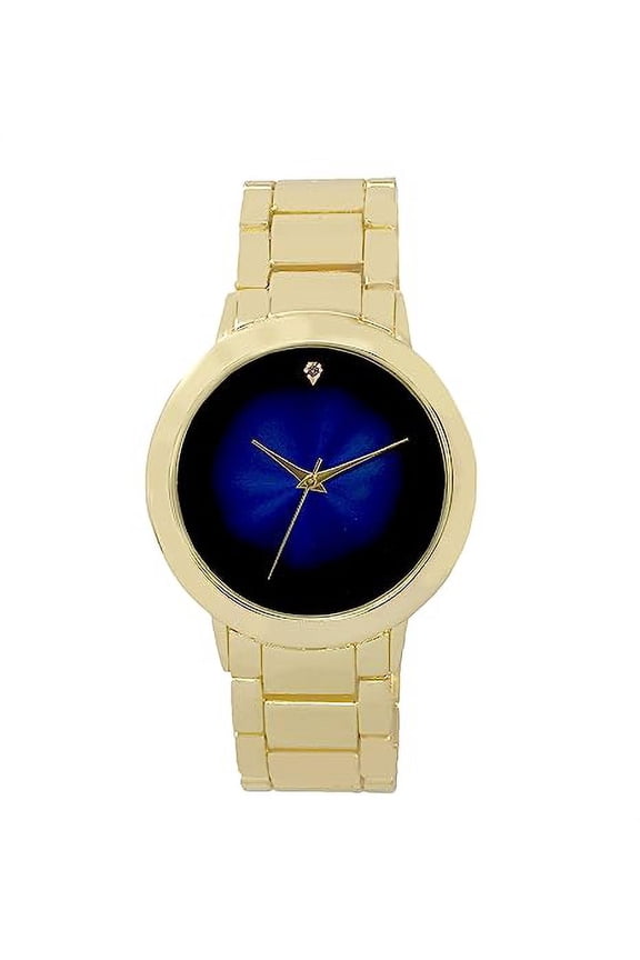Iced Out Diamond at 12 o'clock Elegant and Classy Mens Watch for All Occasions - Easy Reader Simplistic Slashes at Every Hour - Handsomely Stunning - 4904MB Single (4904MB Gold Blue)