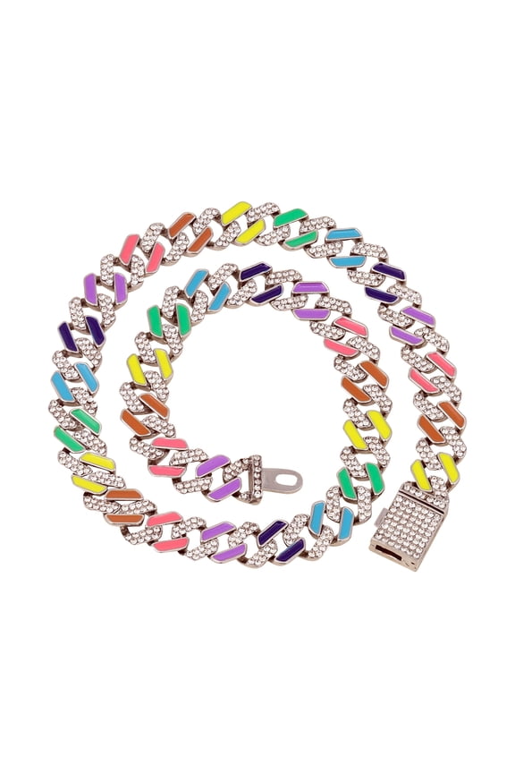 Iced Out Hip Hop Gold Tone CZ Miami Cuban Link or Tennis Chain Choker Necklaces (20, Rainbow Cuban Silver)