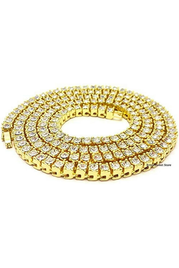 Iced Out Hip Hop Gold Tone CZ Miami Cuban Link or Tennis Chain Choker Necklaces (Tennis Gold, 22")