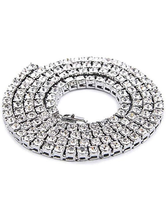Iced Out Hip Hop Gold Tone CZ Miami Cuban Link or Tennis Chain Choker Necklaces (Tennis Silver, 30")