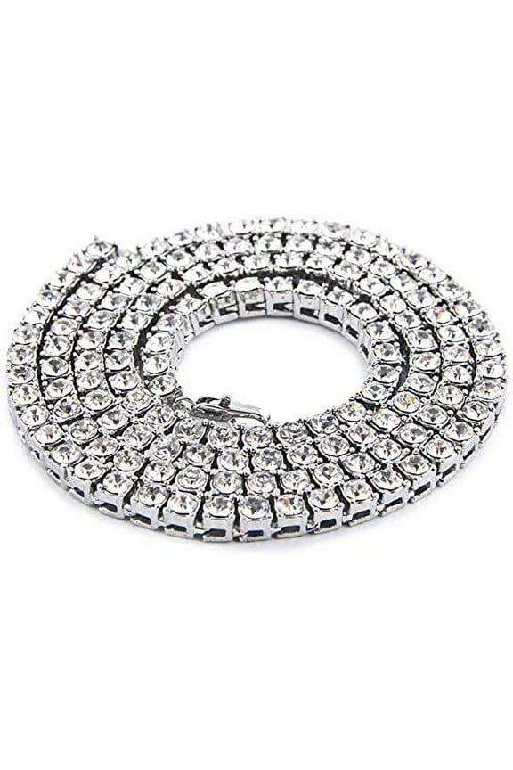 Iced Out Hip Hop Gold Tone CZ Miami Cuban Link or Tennis Chain Choker Necklaces (Tennis Silver, 30")