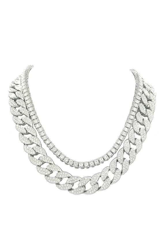Iced Out Hip Hop Silver Tone CZ Miami Cuban Link Chain Choker Necklace