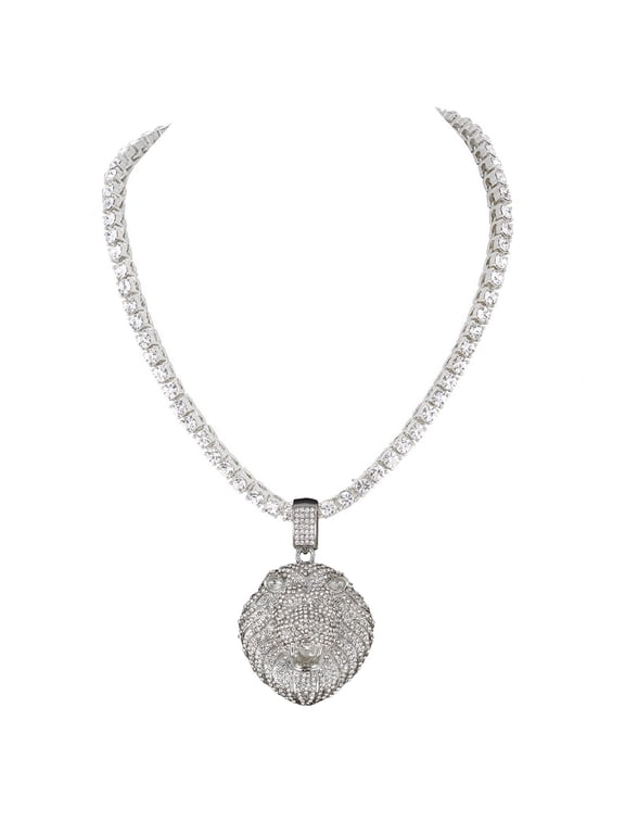 Iced Out Lion Pendant on Tennis Chain for Men or Women - Bling'ed Out Hip Hop Jewelry on Blast! - Gold or Silver and Size Your Choice – TN001 Lion (Silver 16")