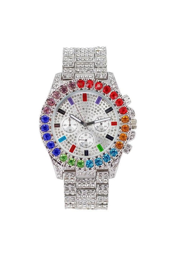 Iced Out Mens Color on Blast Watch Single or Combo Sets with Blinged Out Bracelets Set. Iced Out Colourful Rainbow Flame Collection (ST10327CO SLV)