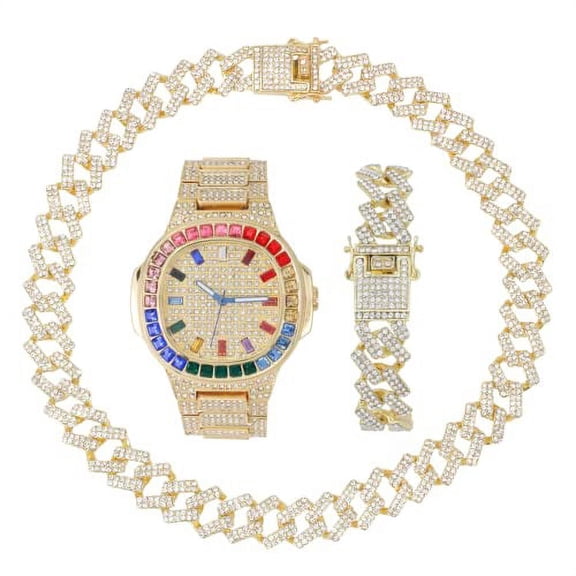 Charles Raymond Iced Out Mens Color on Blast Watch Single or Combo Sets with Blinged Out Bracelets Set. Iced Out Colourful Rainbow Flame Collection (ST10376 GLD ZZ Set)
