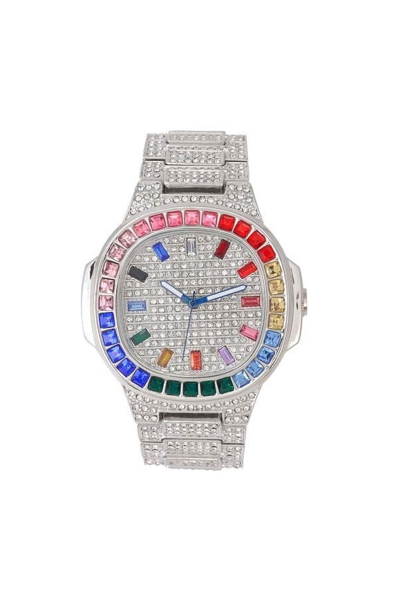 Iced Out Mens Color on Blast Watch Single or Combo Sets with Blinged Out Bracelets Set. Iced Out Colourful Rainbow Flame Collection (ST10376 Silver)