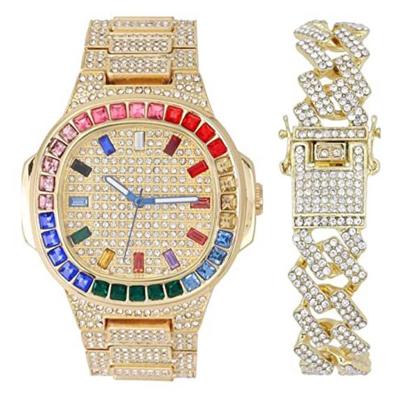 Charles Raymond Iced Out Mens Color on Blast Watch Single or Combo Sets with Blinged Out Bracelets Set. Iced Out Colourful Rainbow Flame Collection (ST10376-ZZ GLD)