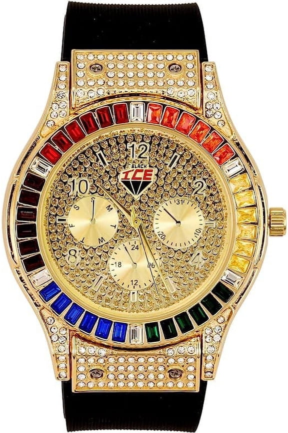 Iced Out Mens Color on Blast Watch Single or Combo Sets with Blinged Out Bracelets Set. Iced Out Colourful Rainbow Flame Collection (ST10380 GLD)