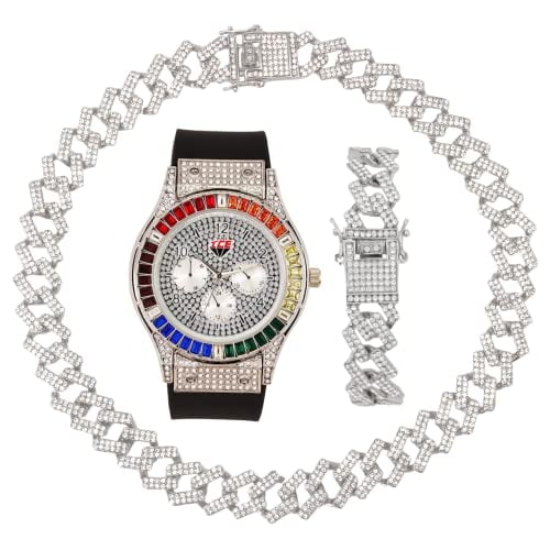 Charles Raymond Iced Out Mens Color on Blast Watch Single or Combo Sets with Blinged Out Bracelets Set. Iced Out Colourful Rainbow Flame Collection (ST10380 SLV ZZ Set)