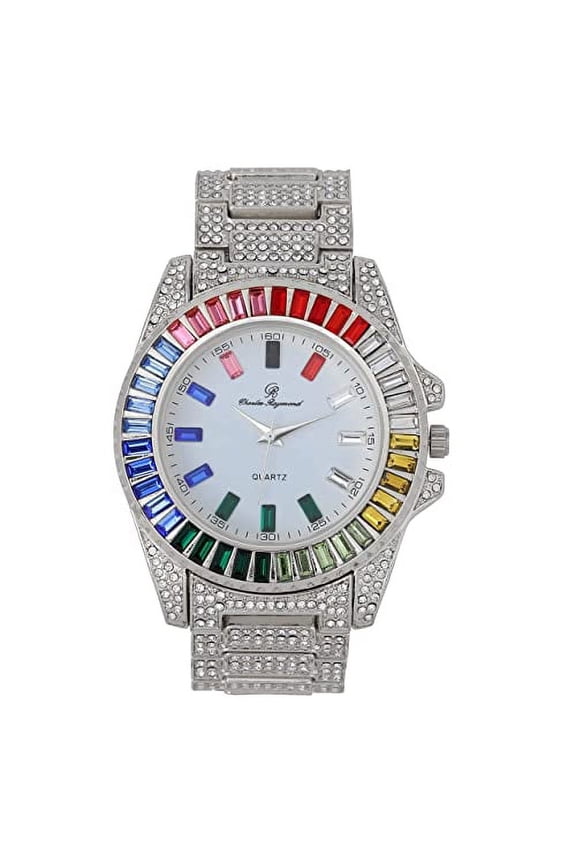 Iced Out Mens Color on Blast Watch Single or Combo Sets with Blinged Out Bracelets Set. Iced Out Colourful Rainbow Flame Collection (ST10414 SLV)