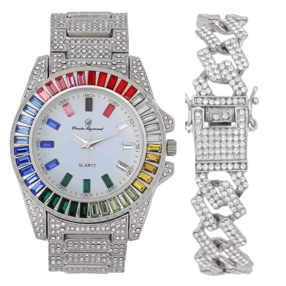 Charles Raymond Iced Out Mens Color on Blast Watch Single or Combo Sets with Blinged Out Bracelets Set. Iced Out Colourful Rainbow Flame Collection (ST10414-ZZ SLV)