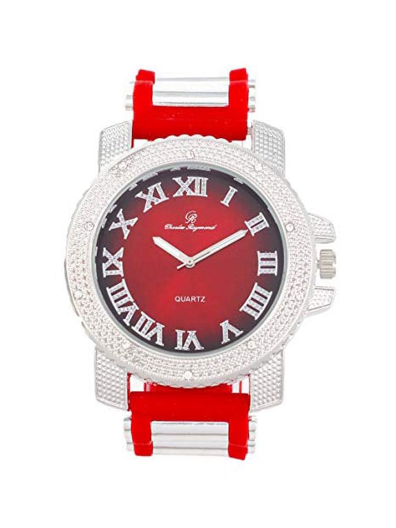 Iced Out Oversized Hip Hop Bullet Rubber Band Mens Wristwatch, That Shows Your Blinged Out Lust for Life - GJM (GJM - Red - Silver)