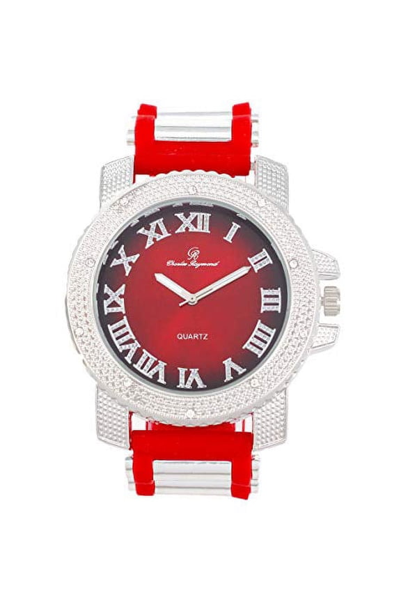 Iced Out Oversized Hip Hop Bullet Rubber Band Mens Wristwatch, That Shows Your Blinged Out Lust for Life - GJM (GJM - Red - Silver)
