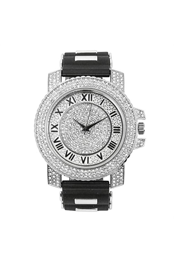 Iced Oversized Hip Hop Bullet Rubber Band Mens Watch, That Shows Your Lust for Life - GJM (ST10439RN-Silver-Blk #R)