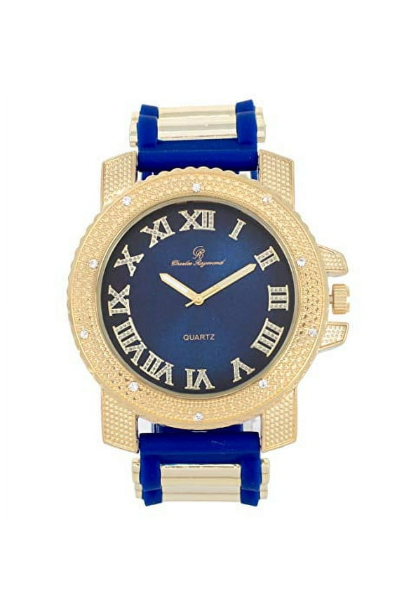 Iced Oversized Hip Hop Bullet Rubber Band Mens Wristwatch, That Shows Your Lust for Life - GJM (GJM - Blue - Gold)