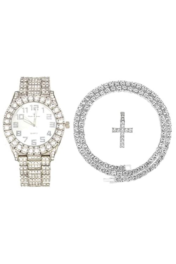 Luxury Mens Iced Out Tennis Cross Necklace w/Diamond Quartz Wristwatch - Be Lit & Choose The Matching Blinged Out Cuban ZZ Bracelet Set - ST10327AR SLV Shiny Dial 2pc Set (20")
