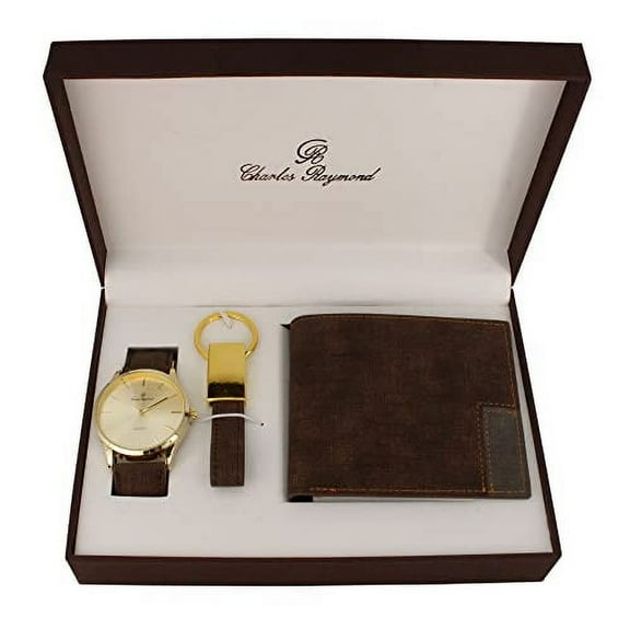 Charles Raymond Men Watch Gift Set Designed for Every Gentleman Gift Set of Watch, Wallet, Keychain in perferct Matching Color Best Birthday Valentine Day Gifts Box for Men (Dark Brown+Gold Watch)