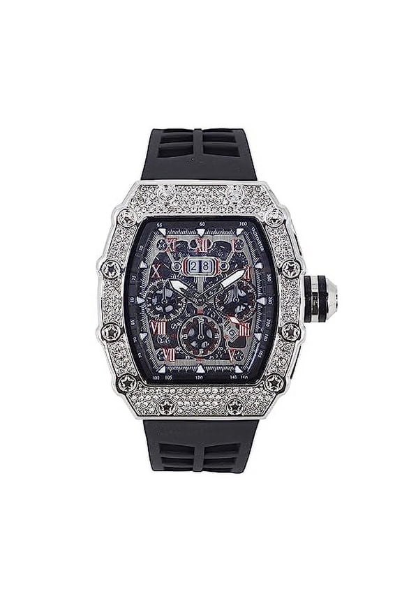 Men's Luxury Iced Out Crystals Diamond Watch with Unique Tonneau Shape, Comfortable Silicone Band, Show Your Style Design (ST10526 BLK SLV)