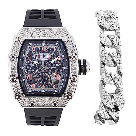 Men's Luxury Iced Out Crystals Diamond Watch with Unique Tonneau Shape, Comfortable Silicone Band, Show Your Style Design (ST10526-C BLK SLV)