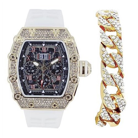 Men's Luxury Iced Out Crystals Diamond Watch with Unique Tonneau Shape, Comfortable Silicone Band, Show Your Style Design (ST10526-C White Gold)