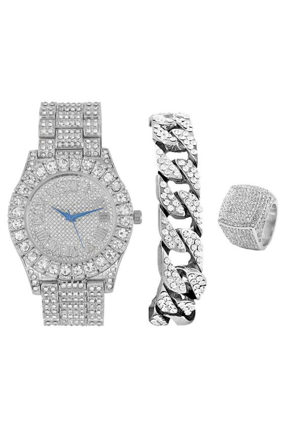 Mens Big Rocks Bezel - Dial with Roman Numerals Fully Iced Out Watch w/Cuban Chain Bracelet & Ring - ST10327SET3PC (10,Silver)