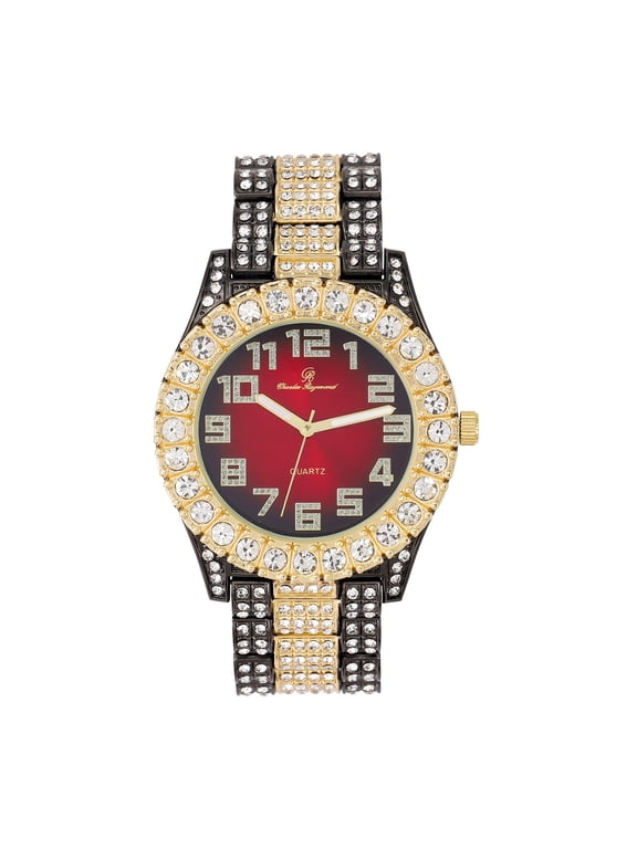 Mens Big Rocks with Arabic Numerals Fully Iced Out Colorful Dial Blinged Out Hip Hop Watch - ST10327AR Single Gun Gold Blood Red