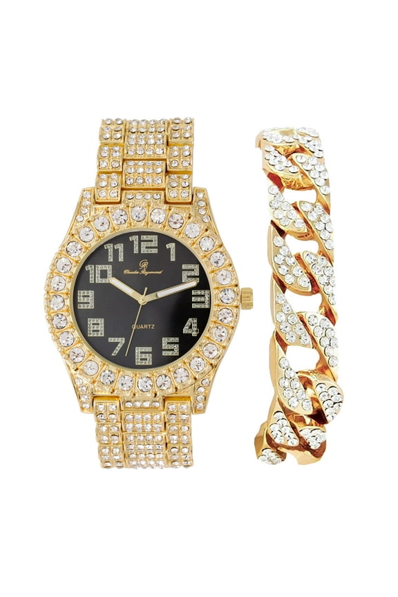 Mens Big Rocks with Numerals Fully Iced Out Colorful Dial Blinged Out Hip Hop Watch - ST10327AC Cuban Gold Black