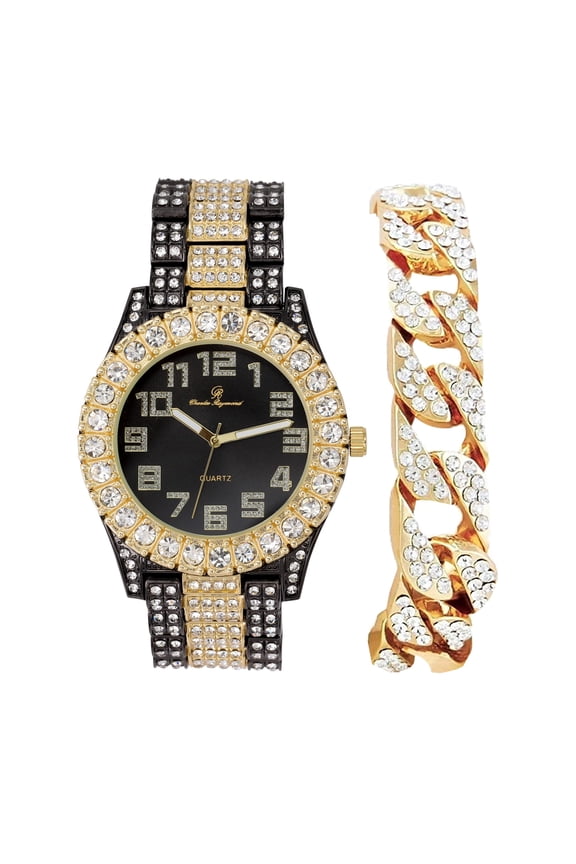 Mens Big Rocks with Numerals Fully Iced Out Colorful Dial Blinged Out Hip Hop Watch - ST10327ARC Cuban Gun Gold Black