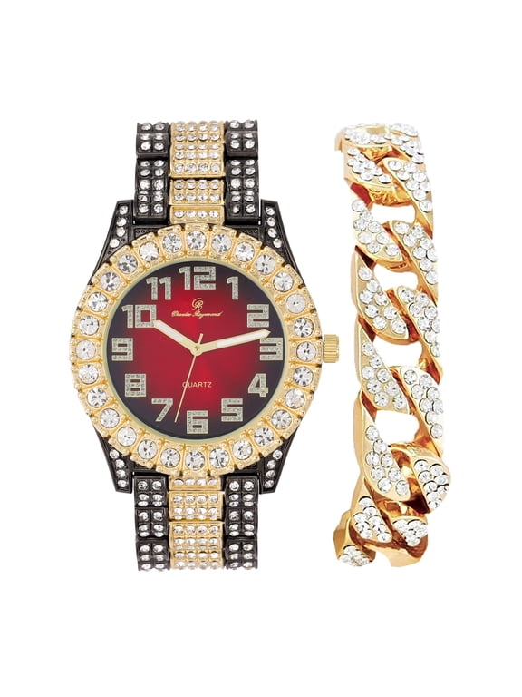Mens Big Rocks with Numerals Fully Iced Out Colorful Dial Blinged Out Hip Hop Watch - ST10327ARC Cuban Gun Gold Blood Red