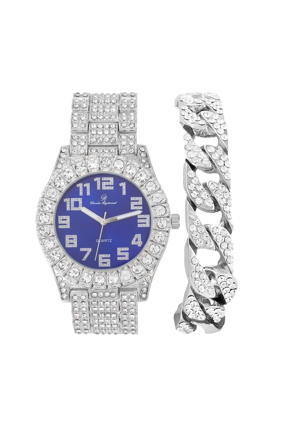 Mens Big Rocks with Numerals Fully Iced Out Colorful Dial Blinged Out Hip Hop Watch - ST10327ARC Cuban Silver Royal Blue